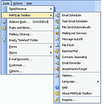 MAPILab Toolbox menu in the Tools menu of Microsoft Outlook